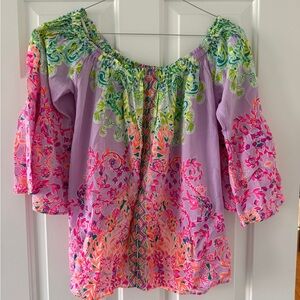 Lilly Pulitzer Lavender Off-Shoulder Top with Pink and Green Floral Print